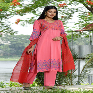 Coral Red Linen Printed & Hand Embroidered Salwar Kameez Set
